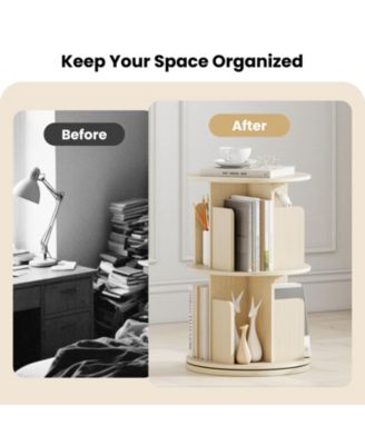 2-Tier Rotating Bookshelf with Dividers and Anti-falling Baffles