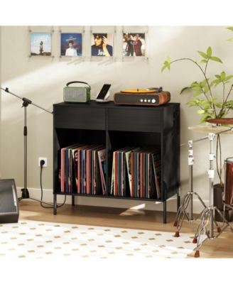 Record Player Stand with Power Outlets Double Wide Turntable Stand Vinyl Record Storage Table