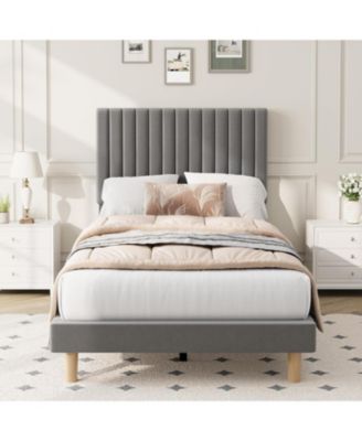  Bed Frame with Adjustable Headboard, Velvet Upholstered Platform Bed Frame Twin Size, Vertical Channel Tufted, Strong Wooden Slats