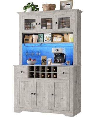 68.7" Coffee Bar Cabinet with LED Light & Power Outlet, Farmhouse Kitchen Hutch with 2 Storage Drawers, Wine Glass Rack, Adjustable Shelves
