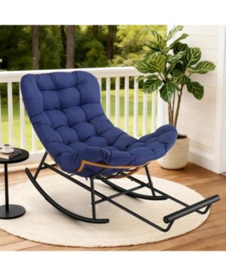 Papasan Rocking Chair with Removable Polyester Cushion, Extendable Footrest, Rattan Rocker