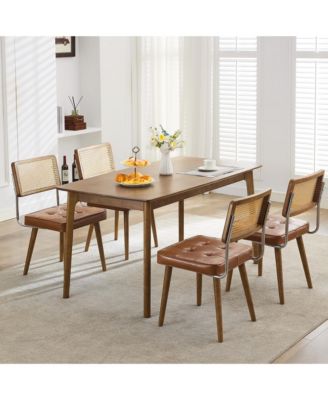 Set of 4 Natural Rattan Dining Chairs with Upholstered Seat and Solid Wood Legs, Modern Boho Kitchen Seating