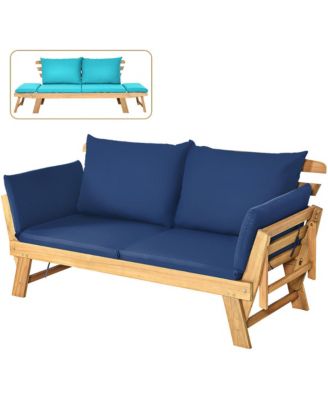 Adjustable Patio Sofa Daybed Acacia Wood Furniture w/  Cushion