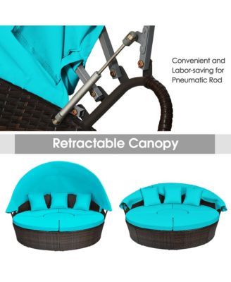 Cushioned Patio Rattan Round Daybed w/ Adjustable Table 3 Pillows