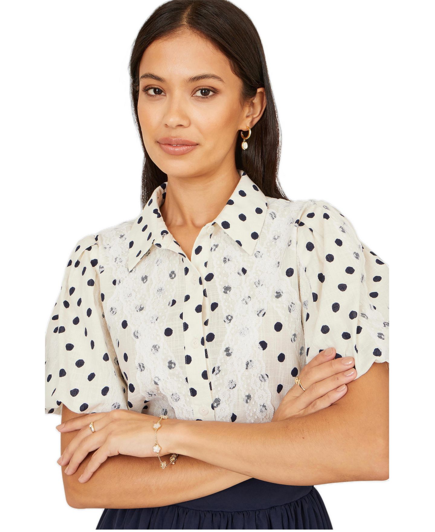 Женская рубашка Yumi Polka Dot Lace Boxy, цвет: Белый — фото 4