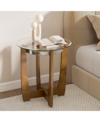 24 Inches Round Side Table with Tempered Glass Top and Solid Rubber Wood Base-Walnut