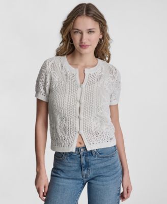 Petite Short-Sleeve Crew Neck Cardigan Sweater