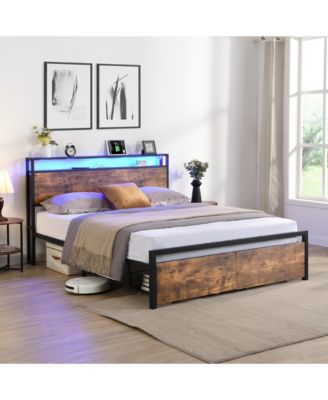 LED Light Bed Frame with Storage Headboard Charging Station and Two Under Bed Drawers Metal Slat Support