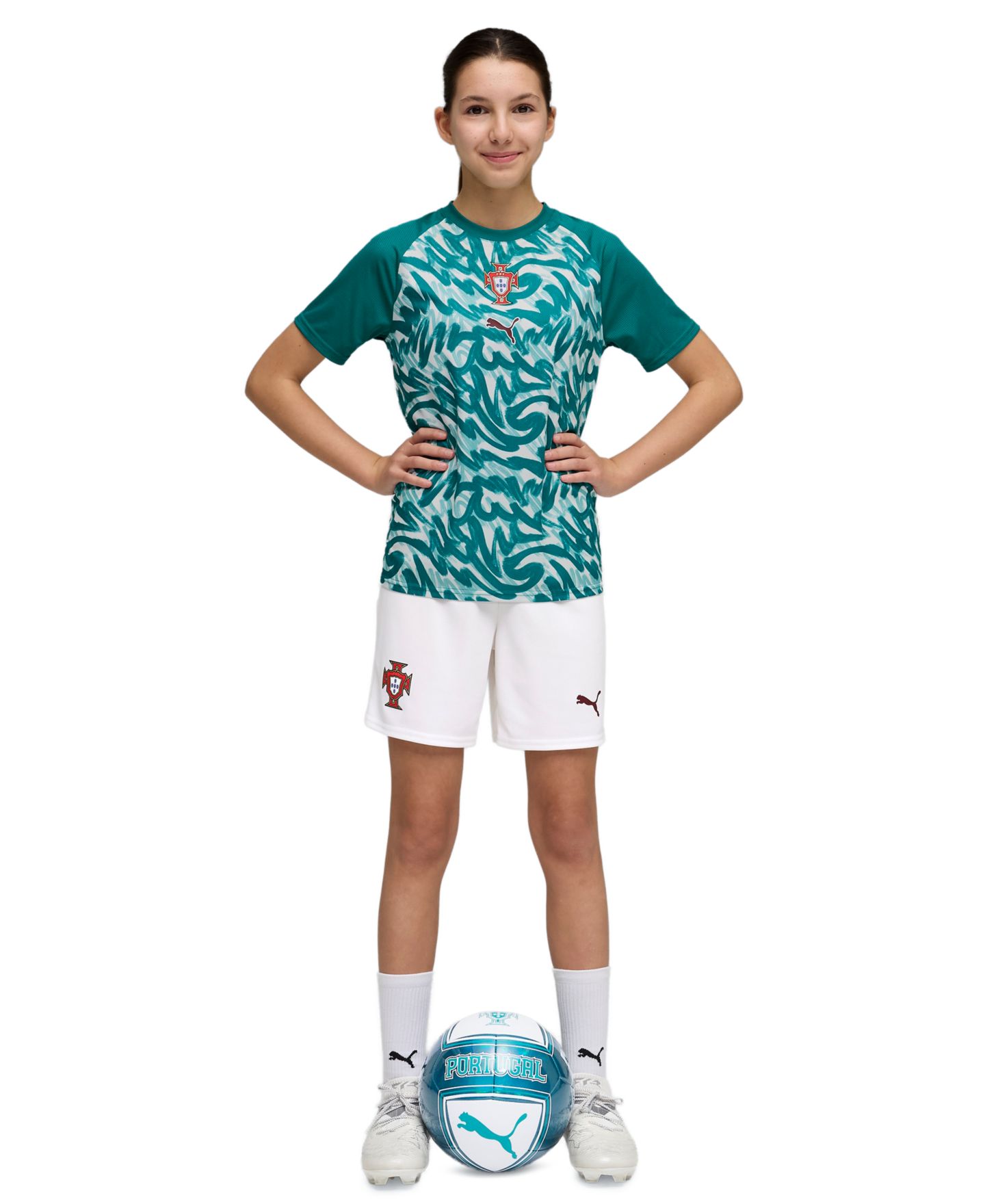 Детская разминочная джерси Puma сборной Португалии Pre-Match, цвет: Зелёный / Рубиновый — фото 2