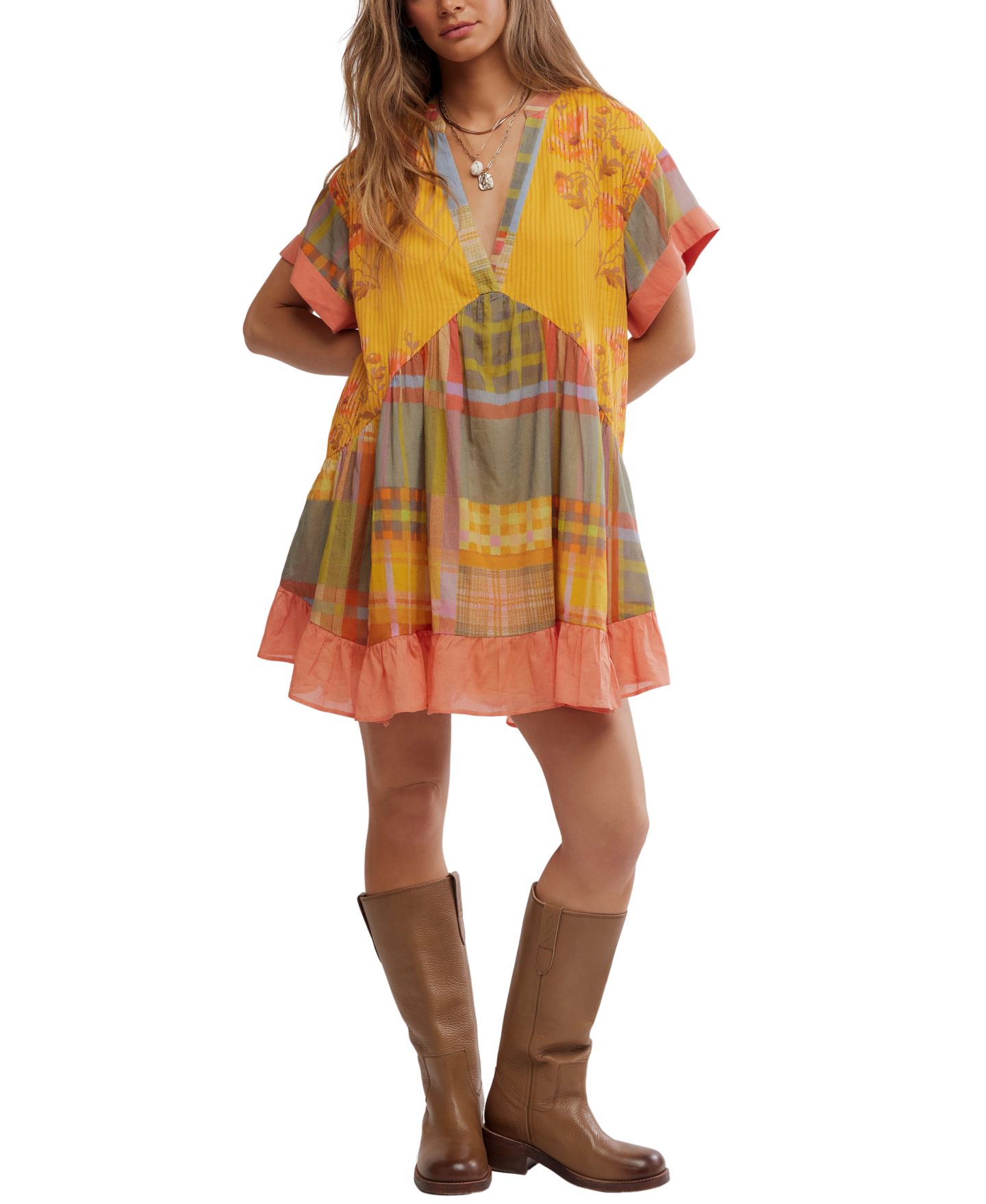 Женское платье Free People Agnes Printed V-Neck Cotton Oversized Dress, цвет: Комбинированный — фото 2