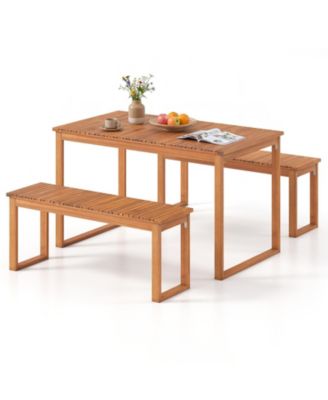 Acacia Wood Outdoor Garden Bench Set of 2 with Slatted Seat for Front Porch