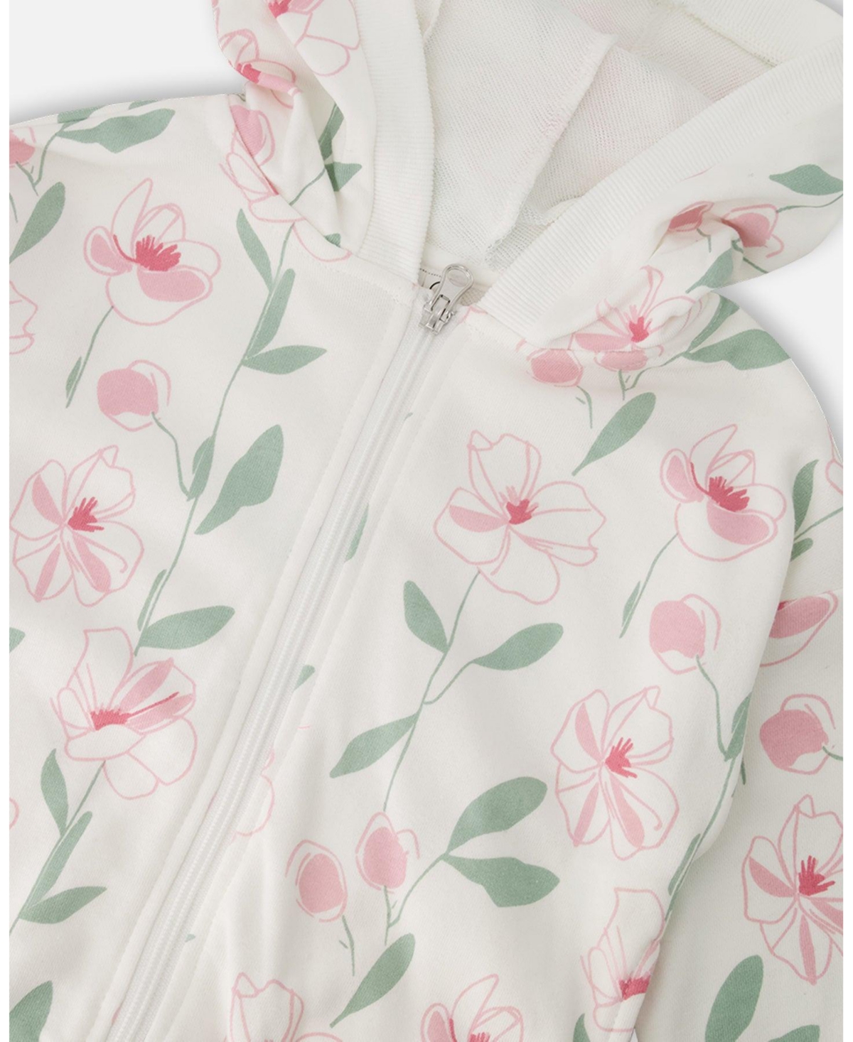 Deux par Deux Little Girls French Terry Hoodie Off White Printed Flowers