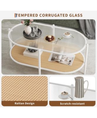 Boho Oval 2-Tier Rattan Coffee Table with Water-Wave Tempered Glass Top