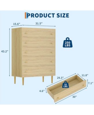 5 Drawer Rustic Dresser 44 Inch Tall Vintage Design Bar Handles for Bedroom.