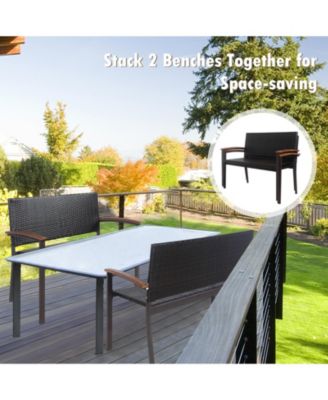 Outdoor Patio Rattan Wicker Bench with Armrests for Garden