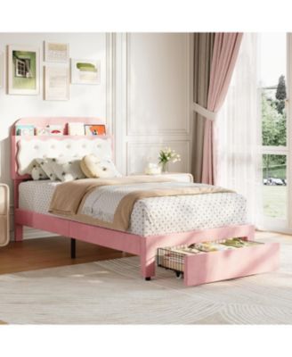 Twin Bed Frames, Velvet Upholstered Platform Bed with Biscuit Tufted Storage Headboard, Drawer, Sturdy Wood Slats, No Box Spring Needed, Easy