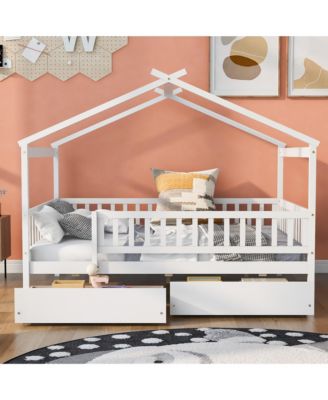 Full Size Wooden House Bed Two Drawers