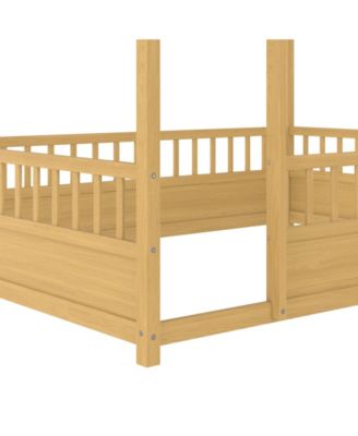Wooden Floor Bed With House Roof Frame And Fence Guardrails Natural For Kids