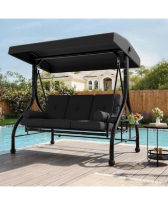 Outdoor Porch Swing with Adjustable Canopy, 3-Seat Patio Swing Chair with Stand, 800LBS Heavy Duty Outdoor Swing for Adults