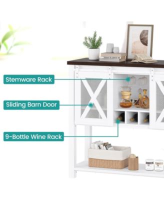 Farmhouse Coffee Bar Cabinet, Sliding Barn Door, Wine Storage, Stemware Rack, Buffets for Kitchen, Dining, Living Room