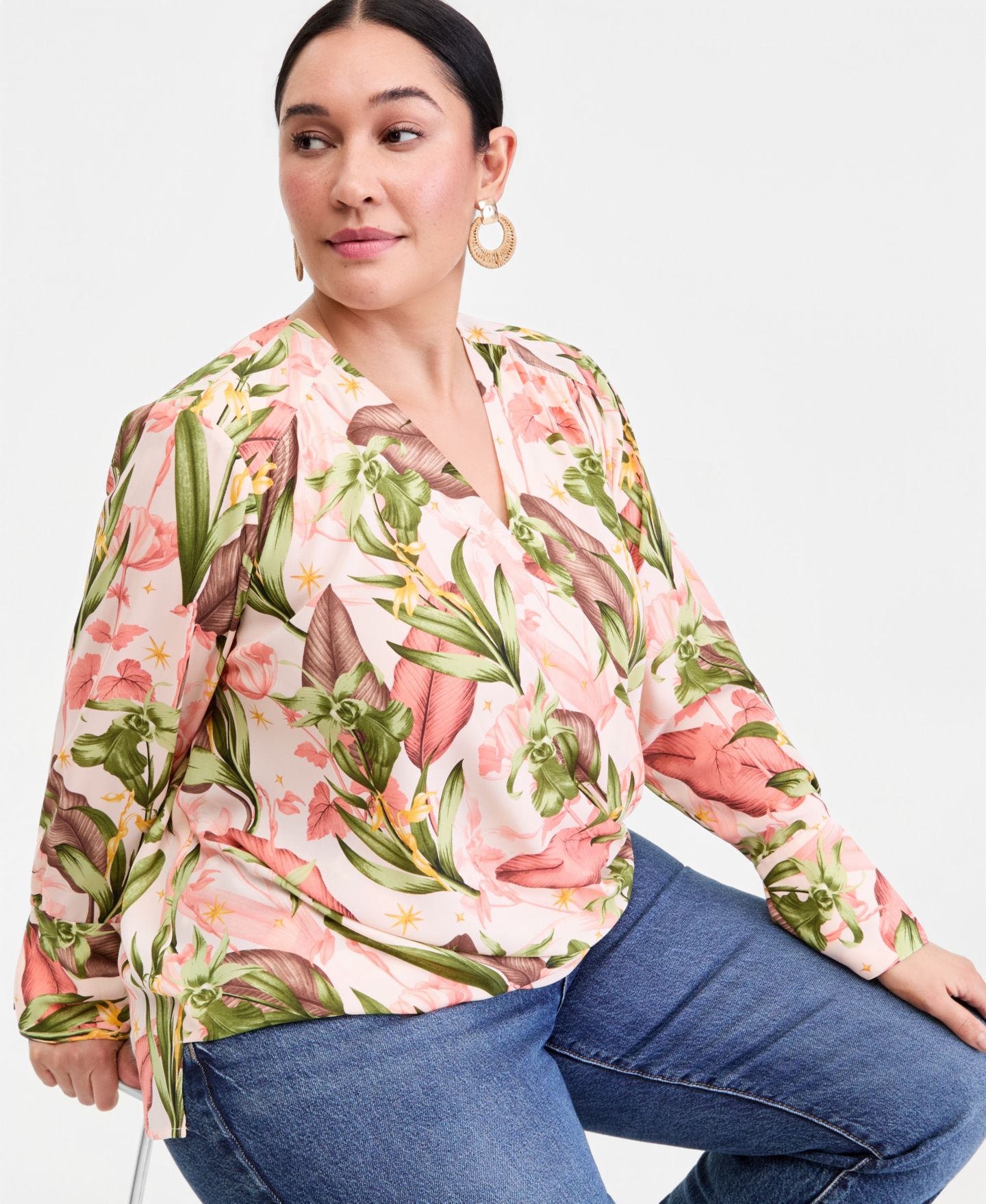 Женская блузка I.N.C. International Concepts Plus Size Printed Surplice Long-Sleeve Blouse, цвет: Belo Blooms — фото 3