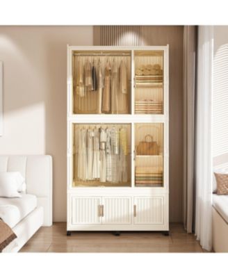 Portable Wardrobe Closet with 9 Magnetic Doors, 2 Hanging Rods & 6 Hangers