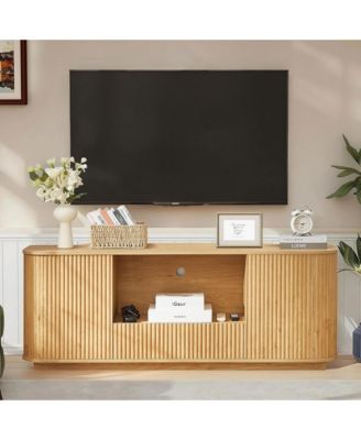 64" Mid Century Modern Fluted TV Stand, Entertainment Center with 2 Doors, 1 Drawer and Open Shelf for Living Room