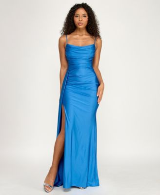 Juniors' Sleeveless Cowl Neck Shiny Knit Gown