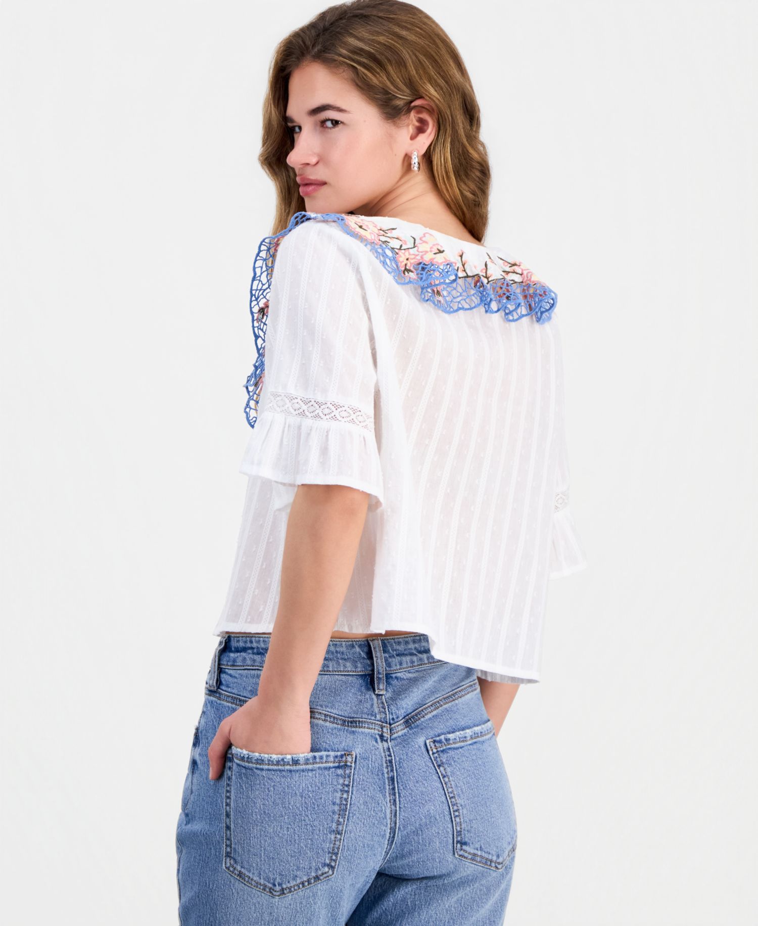 Petite Cotton Embroidered Ruffled Top