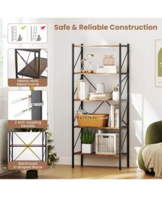Five Tier Bookshelf with Open Shelves and Metal Frame