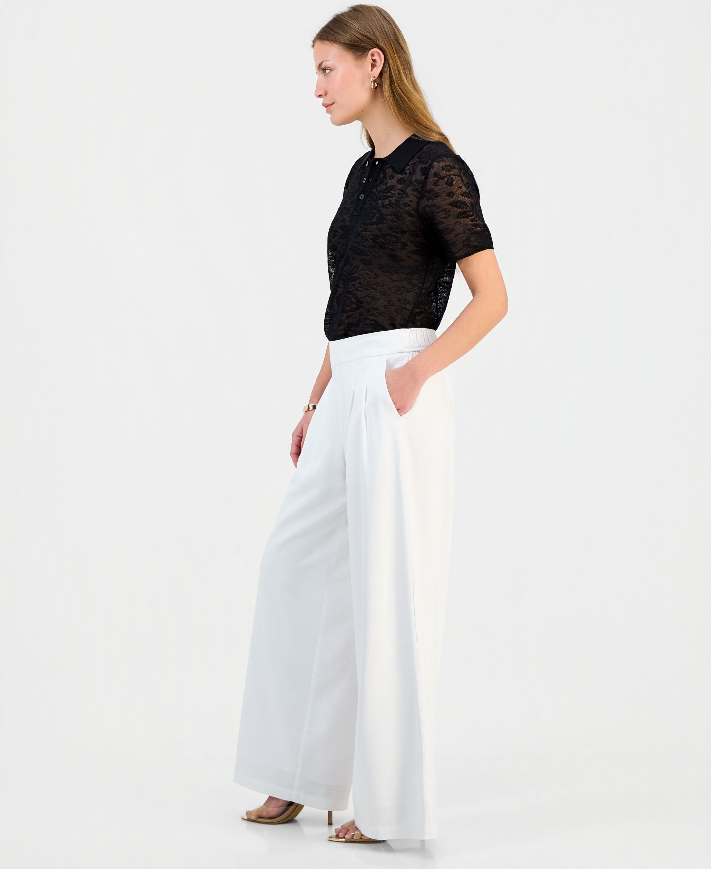 Женские брюки I.N.C. International Concepts Petite Pleated Pull-On Wide-Leg, цвет: Яркий белый — фото 4