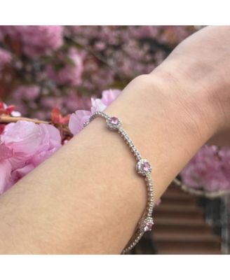 Pink Sapphire & Lab-Grown White Sapphire Round Halo Pave Tennis. Bracelet in Sterling Silver