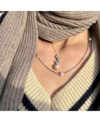 Suzy Levian Sterling Silver Pearl and Cubic Zirconia Station Necklace