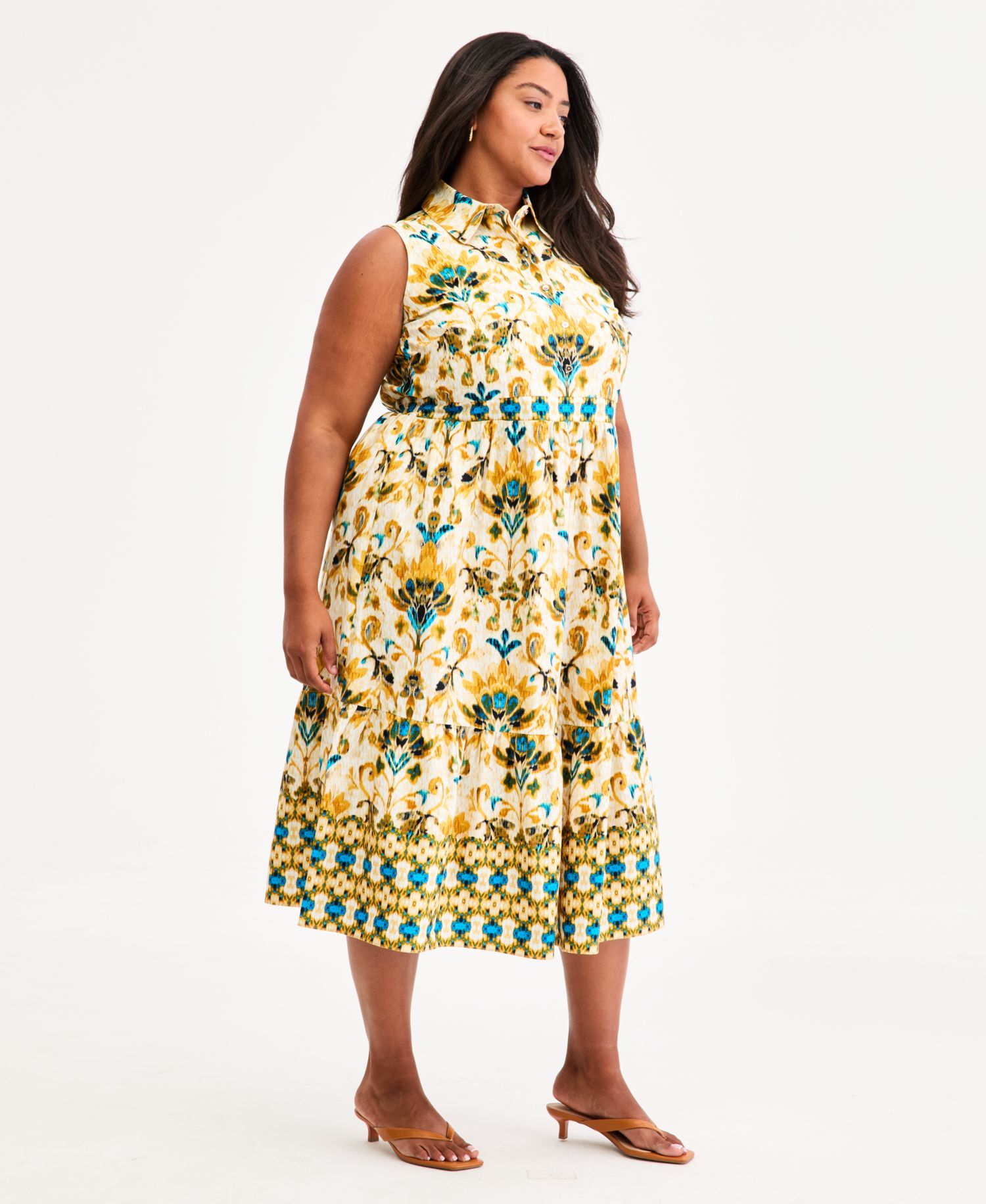 Plus Size Sleeveless Collared Midi Tiered Dress