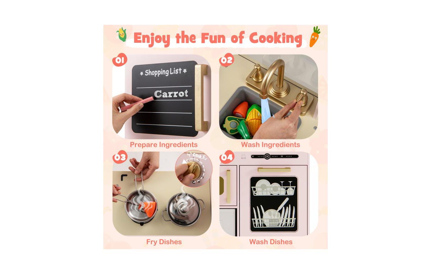 Детский игровой набор HONGGE Wooden Lighted-Microwave Kitchen Playset with Ice Maker, Ages 3+, цвет: Розовый — фото 6