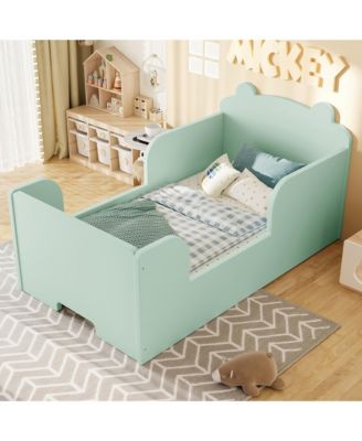 Twin Size Wooden Kids Floor Bed, Platform Bed Frame with Safety Guard Rails and Adorable Bear Headboard for Toddler Boys and Girls Ages 3-6