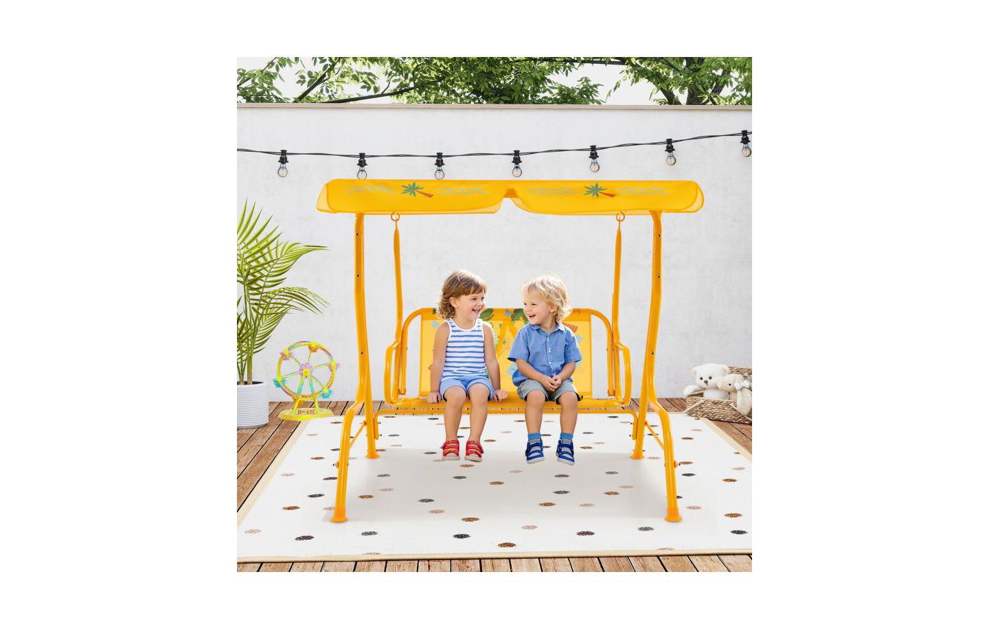 Детская игрушка HONGGE 2-Seater Metal Stand Kids Patio Swing with Adjustable Canopy, Up to 180 lbs, Ages 3+, цвет: Жёлтый — фото 5