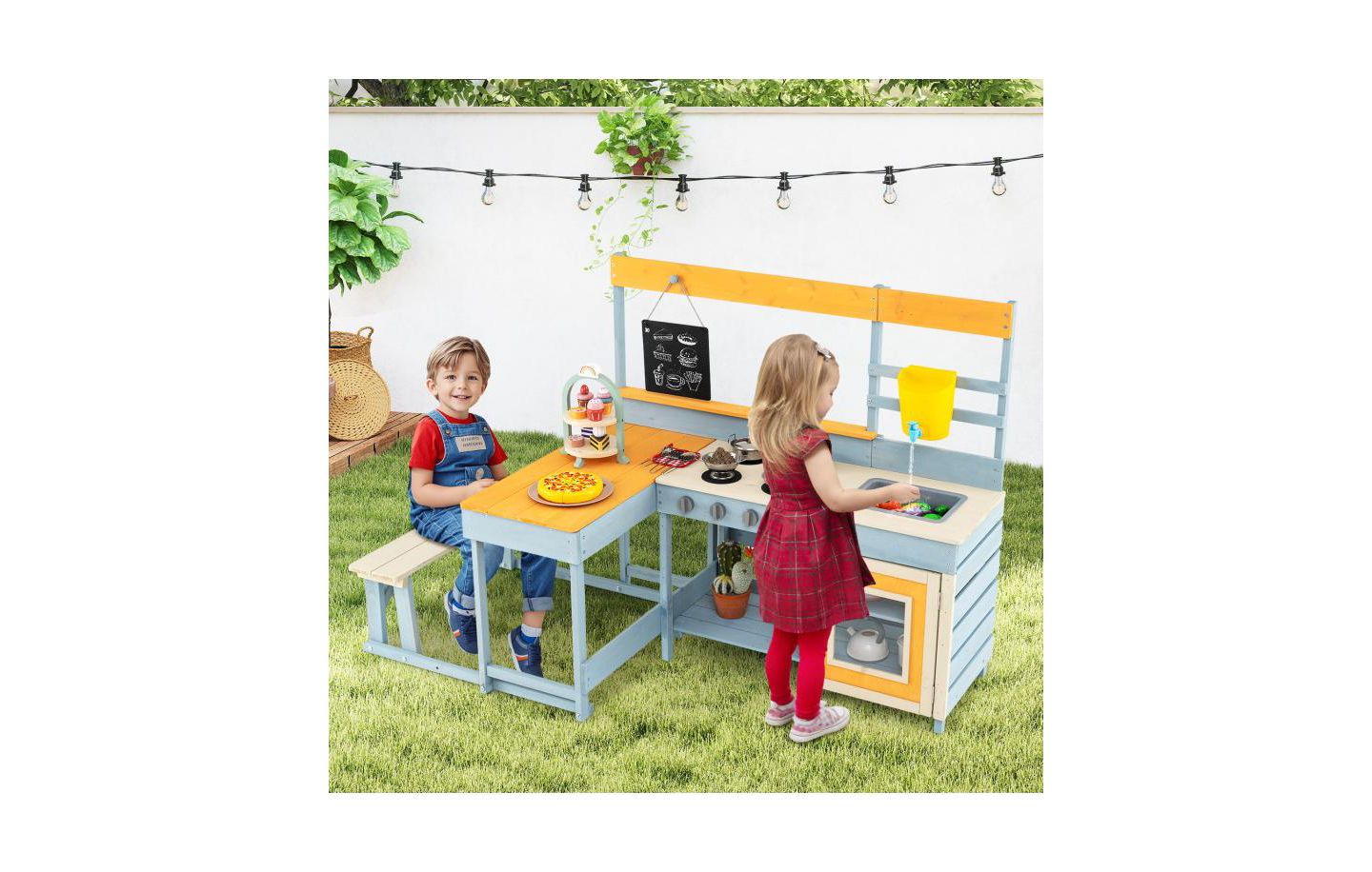 Детская игрушка HONGGE Fir Wood Play Kitchen with Picnic Table and Built-in Bench for Kids, цвет: Серый — фото 5