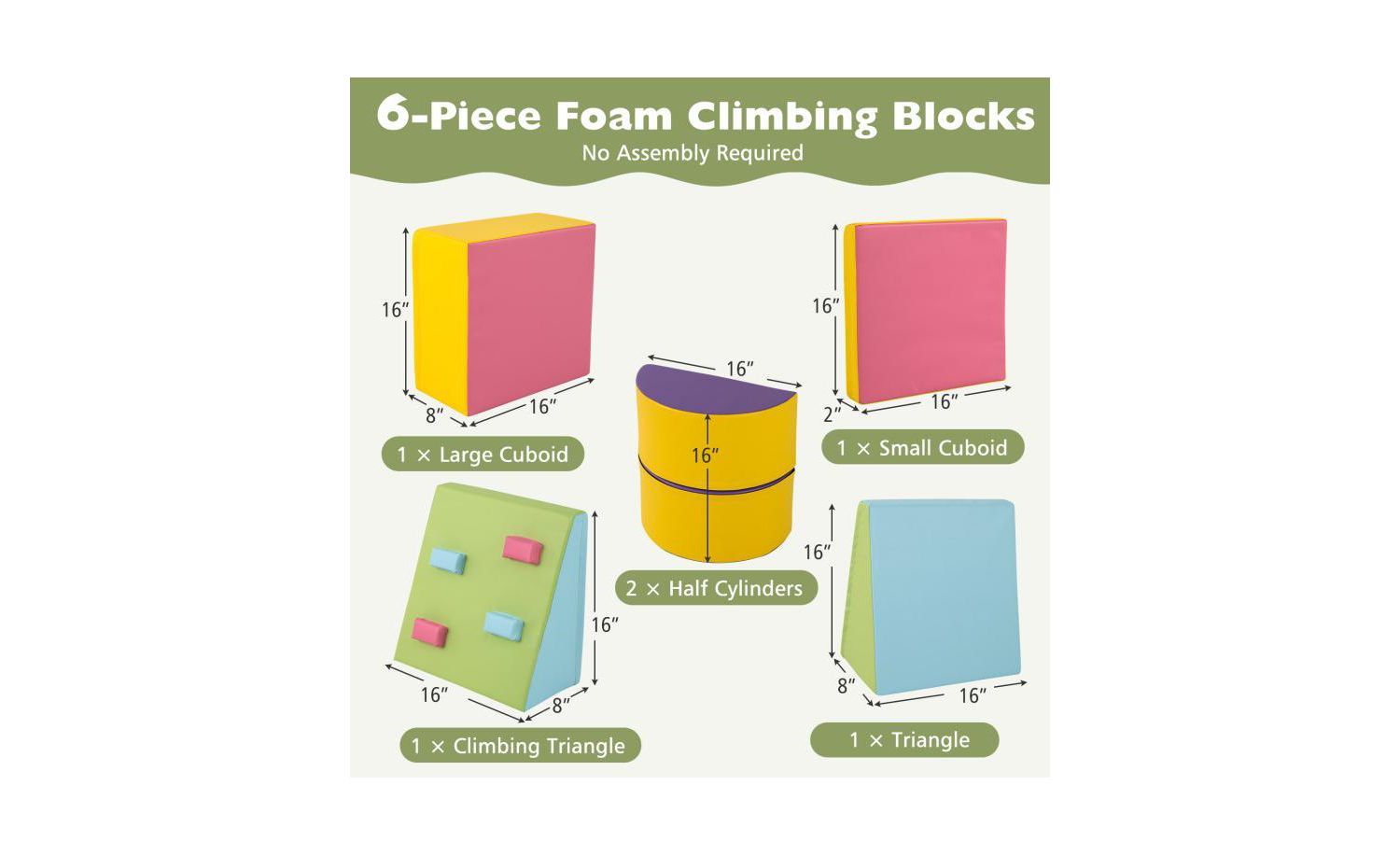 6 Piece Foam Climbing Blocks with Hook and Loop Fasteners