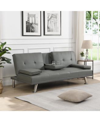 Convertible Loveseat Futon Sofa Bed, Reversible Sleeper Daybed with Dual Cup Holders, Wood Frame and Stainless Steel Legs for Living Room