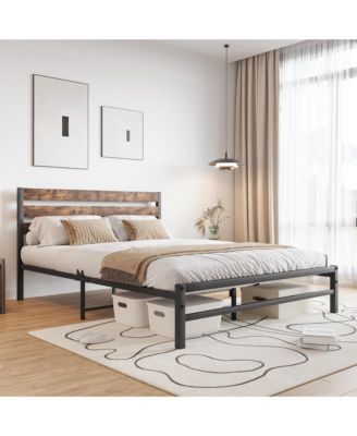 Platform Bed Rustic Wood Headboard Metal Slats Storage