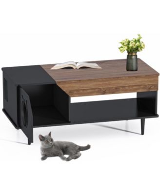 45 in Coffee Table Cat Tables Living Room with Storage Drawer, Wooden Rustic Coffee Tables with Cat House, Hidden Kitty Food Table Litter Box