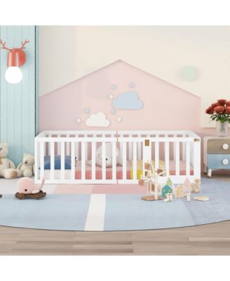 Twin Size Wood Floor Bed Frame with Surrounding Fence Removable Door and Open Row Design