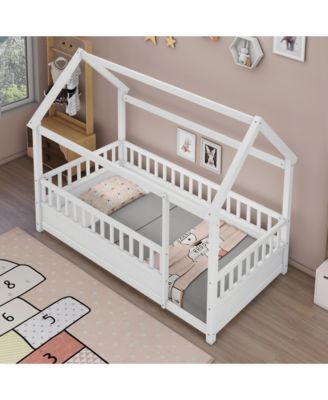 Twin Size Wood Floor Bed House Roof Frame Fence Guardrails  Pine Wood