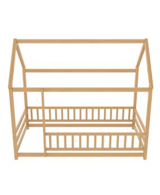 Wooden Floor Bed With House Roof Frame And Fence Guardrails For Kids