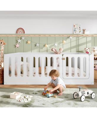 Solid Wood Floor Bed, Sturdy Kids Bed Frame with Full Guardrails and Door, Low-Profile Design for Boys Girls, No Box Spring Needed