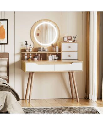 Makeup Vanity Desk with Adjustable Lighted Mirror, Dressing Table with Solid Wood Table feet, 3 Open Shelves and 2 Large Drawers for Bedroom