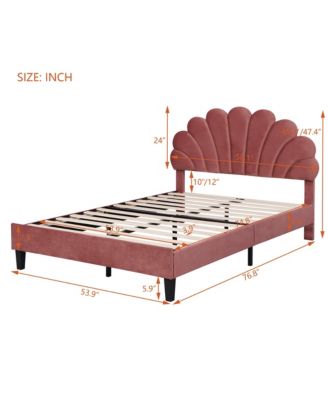 Upholstered Platform Bed Flower Pattern Velvet Headboard Bean Paste Red No Box Spring Needed