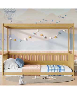 Wooden Canopy Floor Bed With Guardrails Four Poster Design Natural For Kids