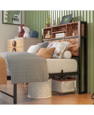 Metal Bed Storage Headboard Charging Station Bookcase